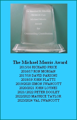 









The Michael Morris Award
2015/16 RICHARD PRICE
2016/17 RON MORGAN
2017/18 DAVID PARSONS
2018/19 JOHN PLATTS
2019/2020 SIMON SWANCOTT
2020/2021 JOHN LOYNES
2021/.2022 PETER DOOLEY
2022/2023 MAURICE TAYLOR
2023/2024 VAL SWANCOTT